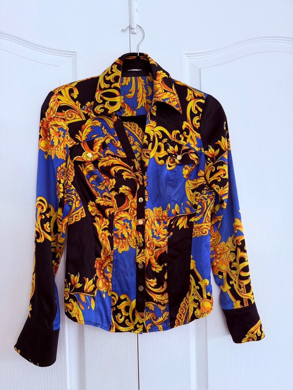 Cache Blue Blouse with Black and Gold Baroque Scrolls